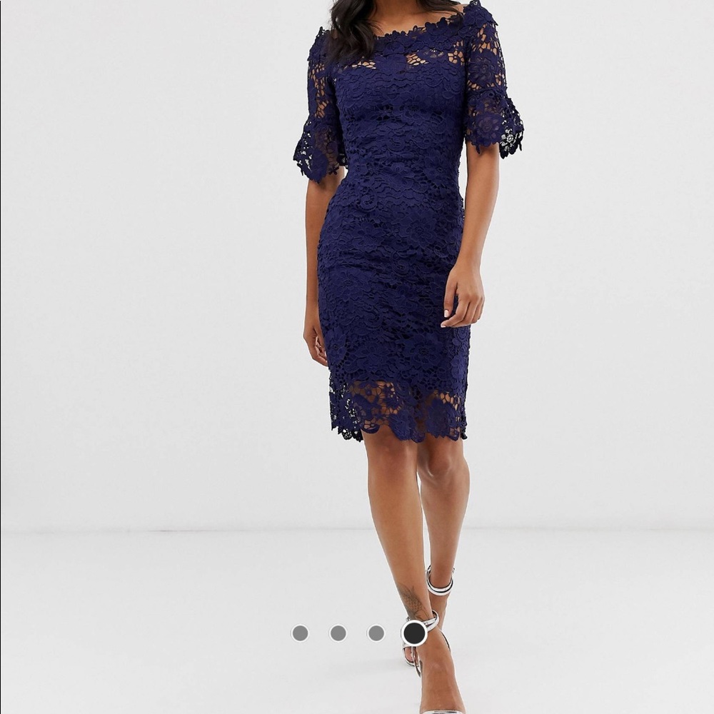 Paper Dolls off shoulder crochet dress with frill sleeve in navy